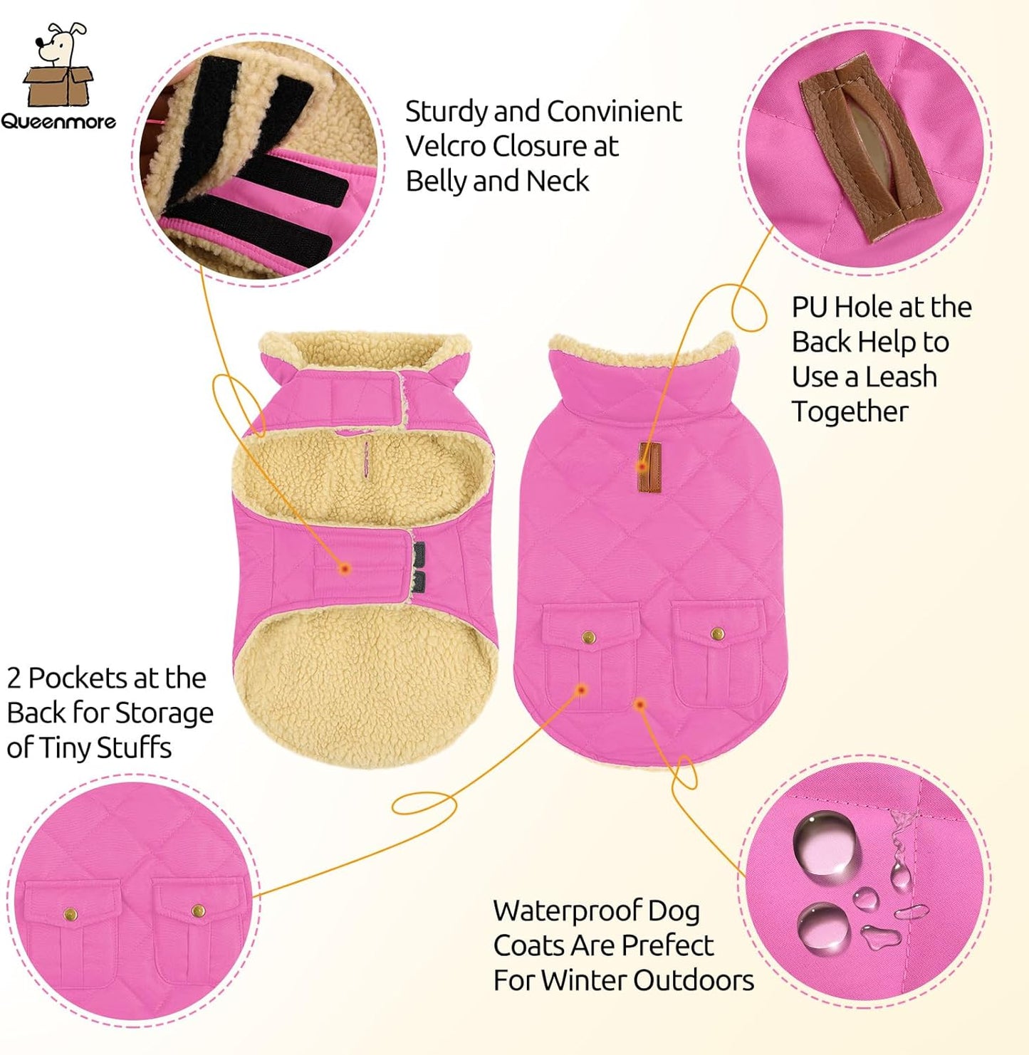 Queenmore Dog Winter Coat - Fleece Jacket, Waterproof Cold Weather Dog Clothes, Thick Warm Cotton Padding, Easy On Storage Pockets (Pink, X-Small)