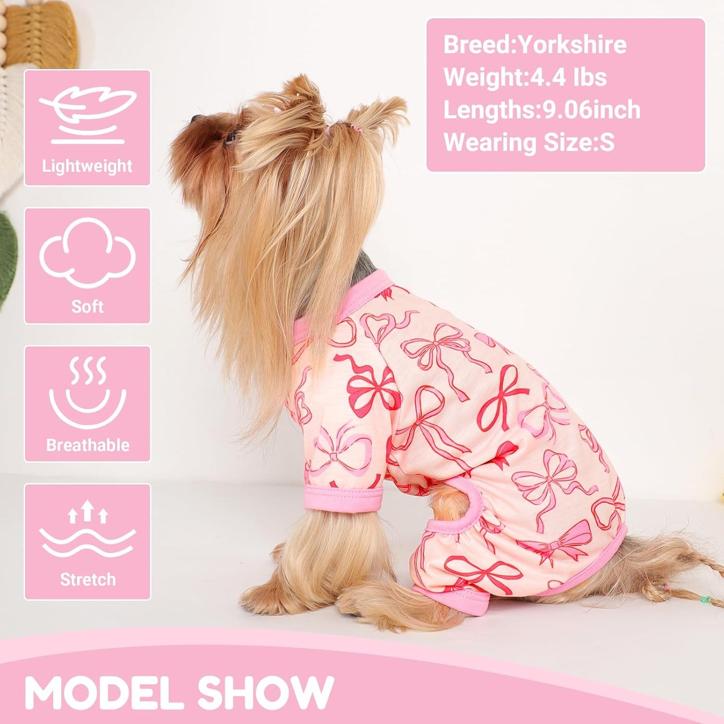 Dog Pajamas Small Sized Dogs Stretchable Summer Dog Clothes Pjs 4 Legs Girl Boy Cute Soft Puppy Outfits Doggie Cat Jammies Jumpsuit Sleeper for Pet (Bow Tie, Small)