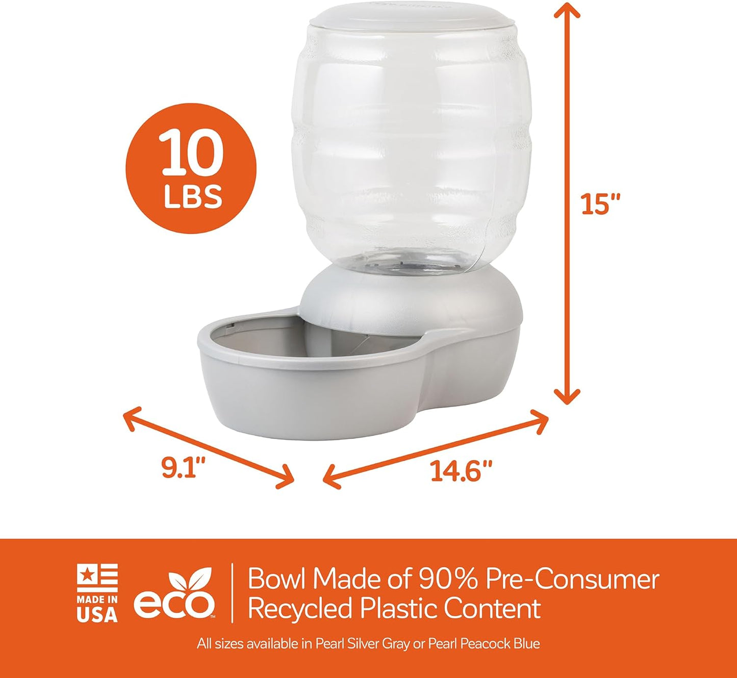 Petmate Replendish Pearl White 10 lb Dog Cat Feeder,Grey, Made in USA