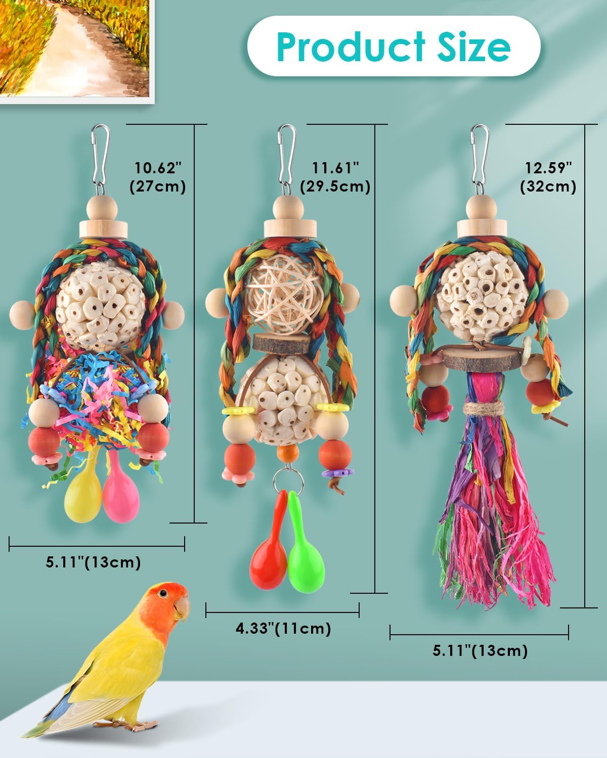 Bissap 3PCS Bird Parrot Foraging Shredder Hanging Toys Sola Balls with Sand Hammer for Small Parrots Parakeets Conures Cockatiels Love Birds Cage Toy
