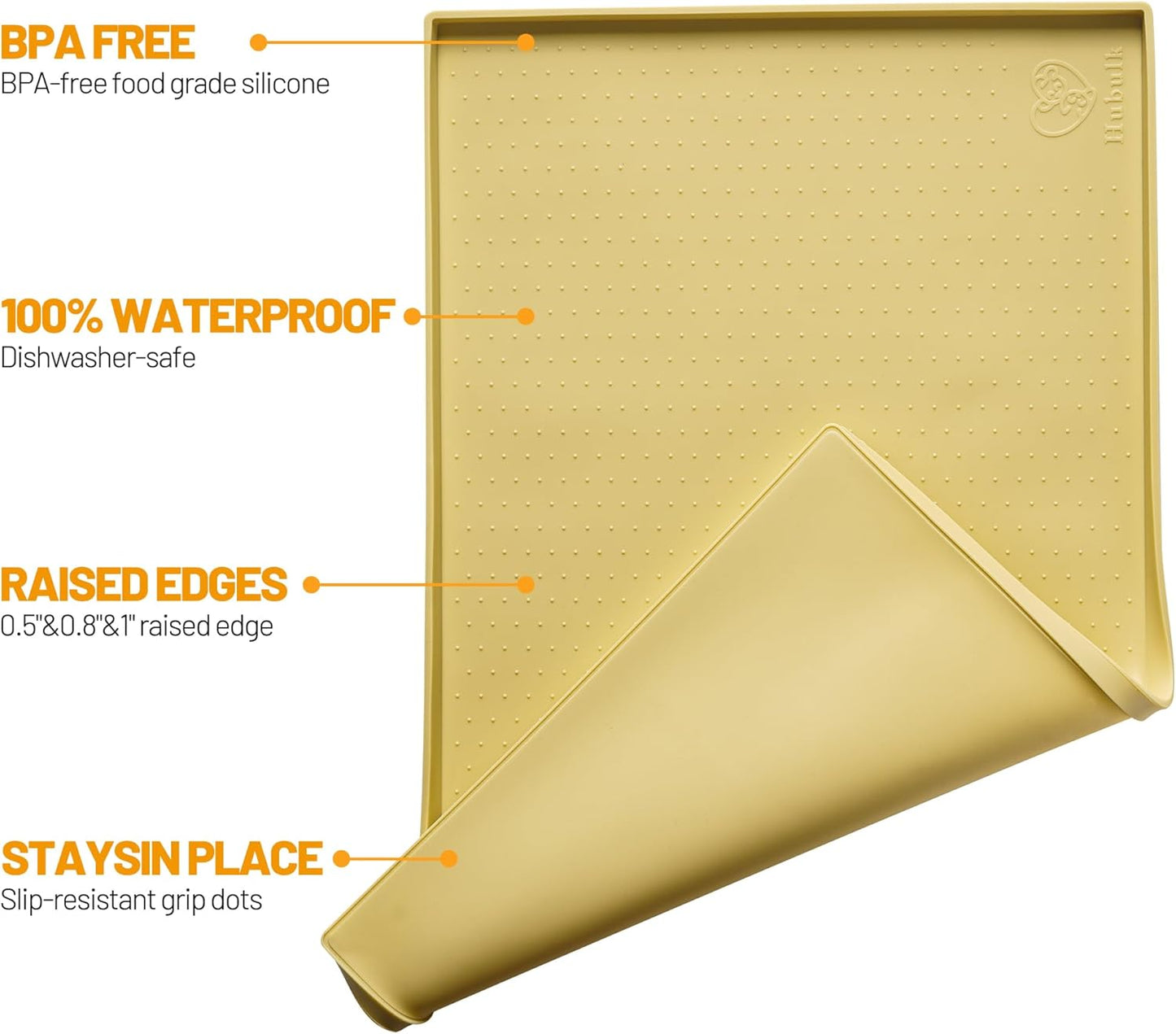 Hubulk Dog Feeding Mat,100% Waterproof Food Grade Silicone Pet Food and Water Bowl Placemat,Dishwasher, High Raised Edge to Prevent Spills,Nonslip Tray to Stop Messes on Floor (32"x24"x1.0", Yellow)