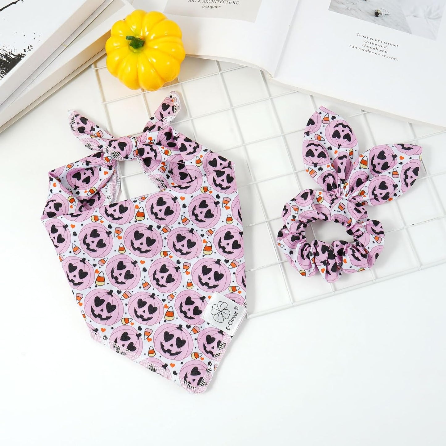 E-Clover Halloween Dog Bandanas & Matching Scrunchie Set Girl Cute Pink Pumpkin Dog Scarf Bibs Pet Bandana with Bow Tie for Medium Large Dogs Owner Mom
