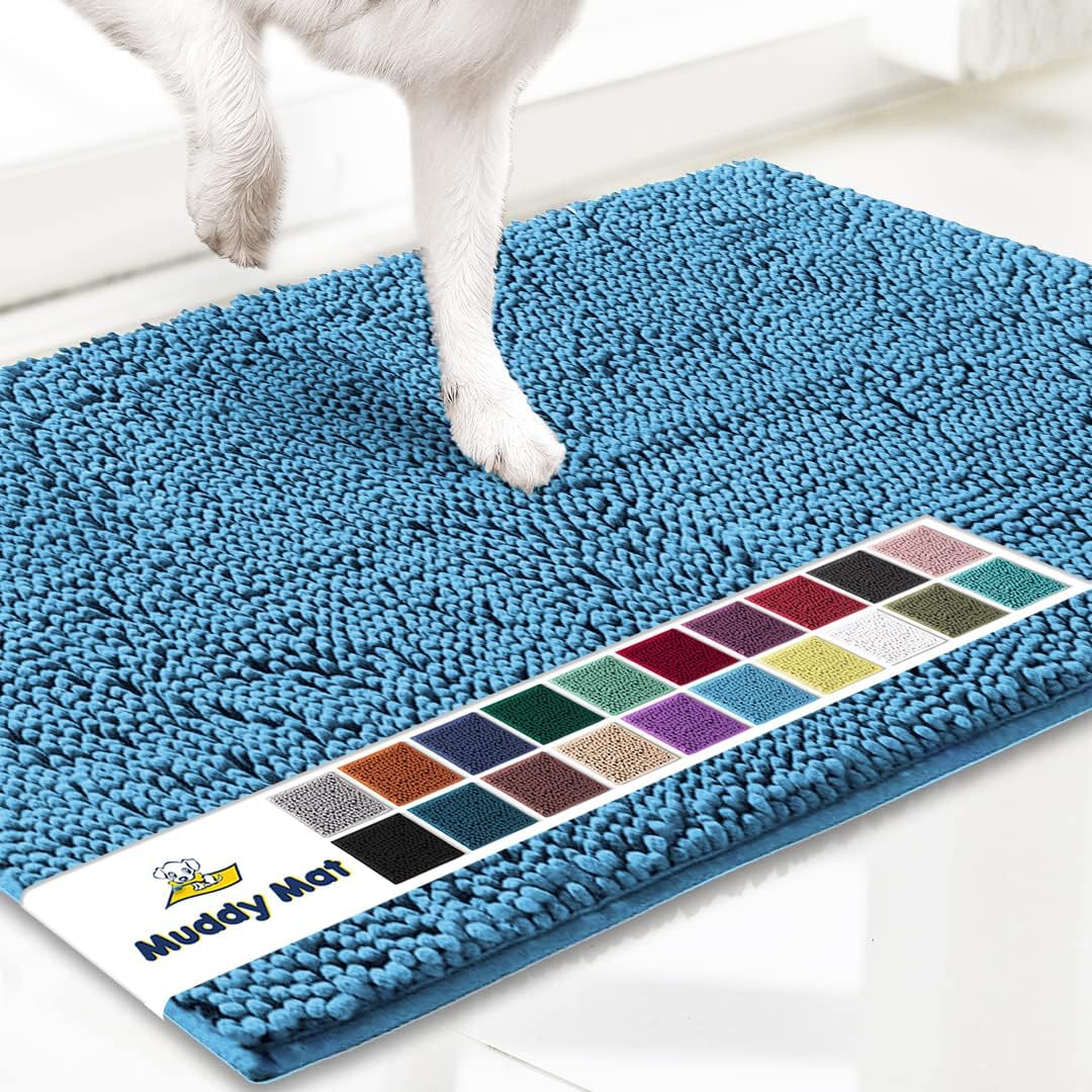 Muddy Mat® AS-SEEN-ON-TV Highly Absorbent Microfiber Door Mat and Pet Rug, Non Slip Thick Washable Area and Bath Mat Soft Chenille for Kitchen Bathroom Bedroom Indoor and Outdoor - Sky Blue 24" x 72"