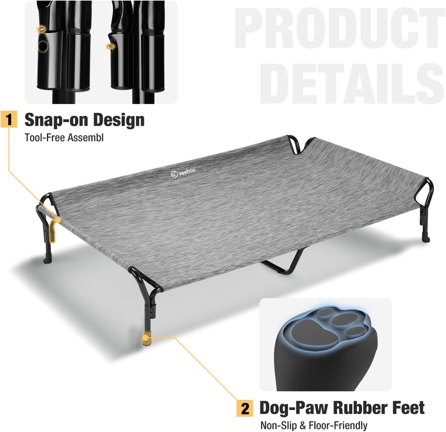 Veehoo Cooling Elevated Dog Bed, Guardrail Raised Pet Cot, Indoor & Outdoor XXL Pet Bed with Washable & Breathable Teslin Mesh, Non-Slip Feet, Dog Couch Bed, 62.5" x 37", Black Silver