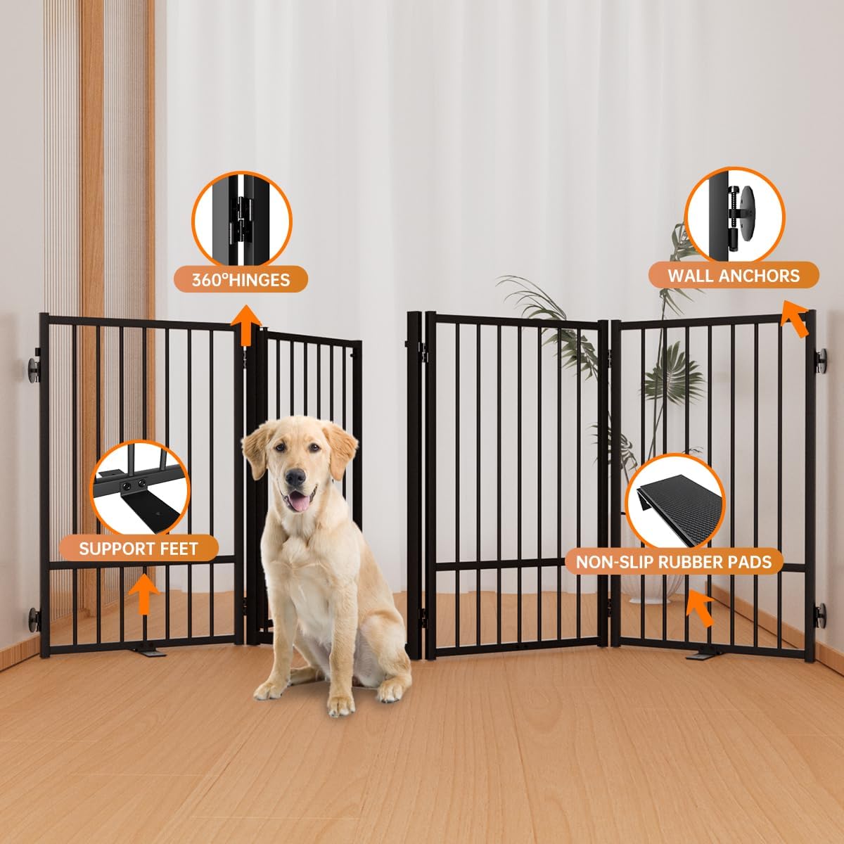 Full Metal Freestanding Dog Gate with Door, 32''Height Foldable Pet Dog Fence for Indoor & Outdoor, 4 Panels Extra Wide Free Standing TallDog Gates for Doorways,House,Stairs,Porch,Deck,Yard