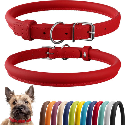 CollarDirect Rolled Leather Dog Collar, Soft Padded Round Puppy Collar, Handmade Genuine Leather Collar Dog Small Large Cat Collars 13 Colors (6 Inch, Red Smooth)