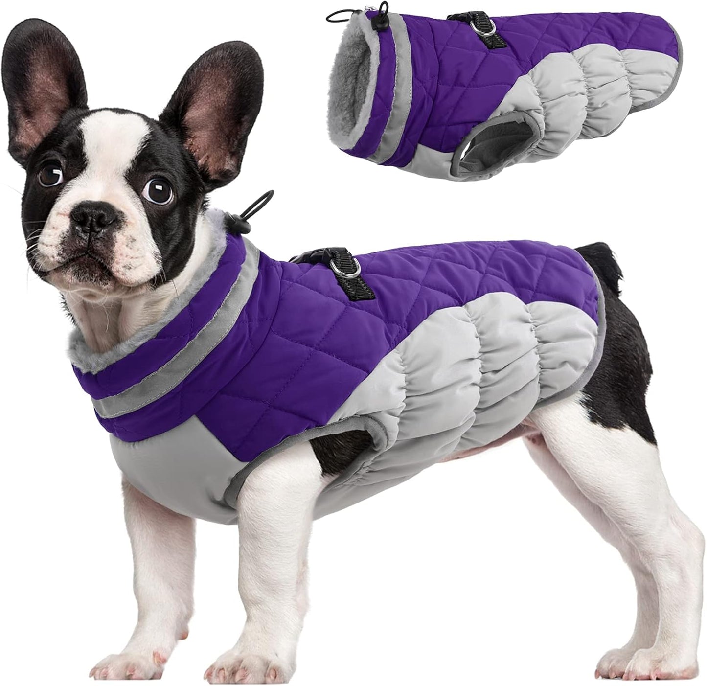FUAMEY Dog Coat for Medium Dogs,Waterproof Dog Winter Jacket with Harness Built in Puppy Cold Weather Coats Reflective Pet Vest with Zipper Warm Fleece Dogs Snowsuit Windproof Purple M