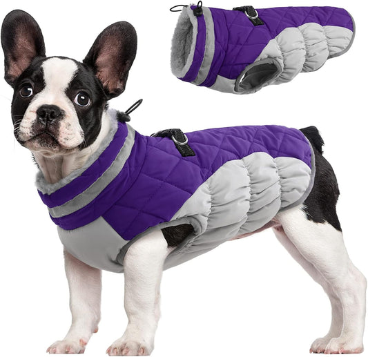 FUAMEY Dog Coat for Medium Dogs,Waterproof Dog Winter Jacket with Harness Built in Puppy Cold Weather Coats Reflective Pet Vest with Zipper Warm Fleece Dogs Snowsuit Windproof Purple M