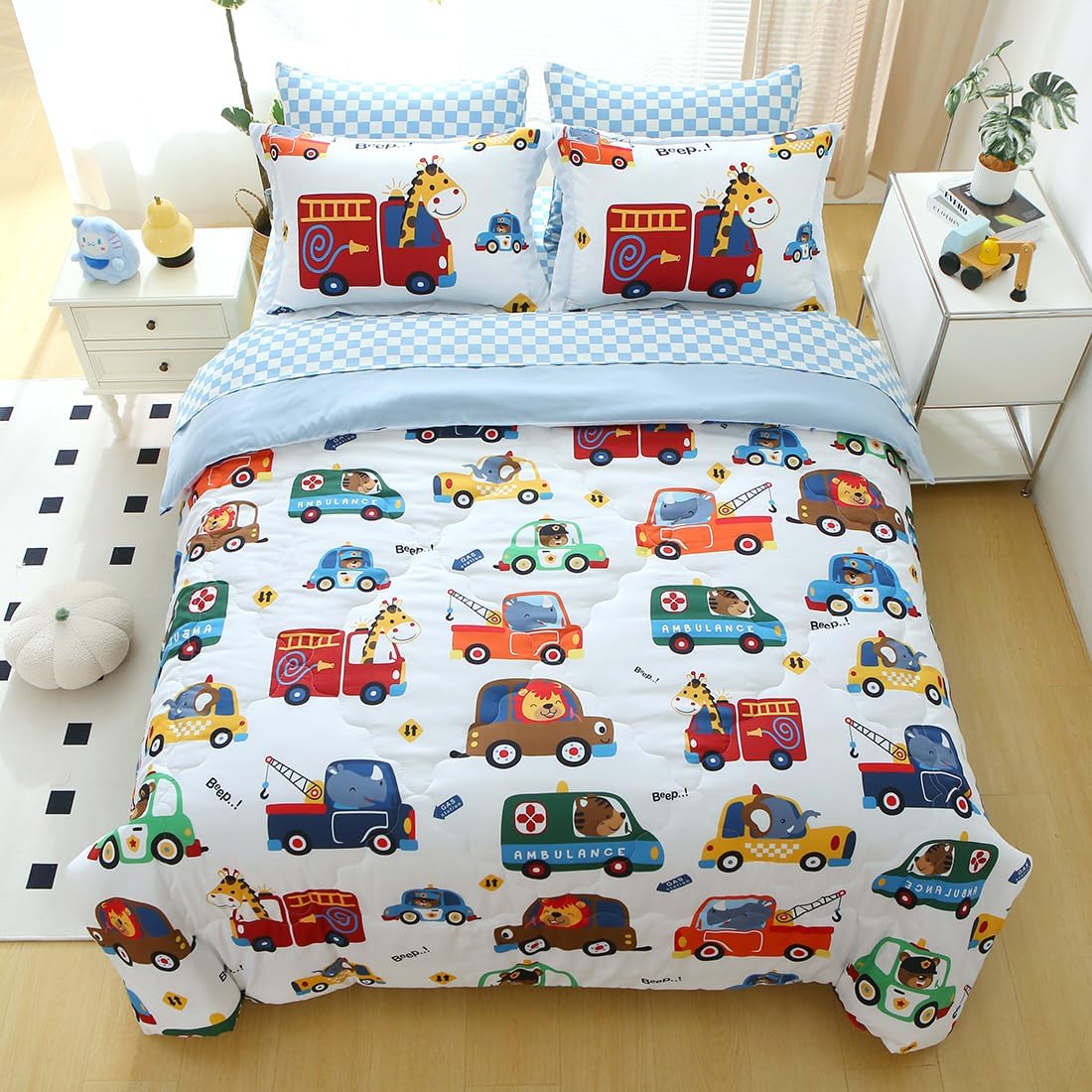 Kids Cars Animal Comforter Set Twin Size for Boys Girls Teens 7 Piece Cartoon Construction Fire Truck Excavator Police Ambulance Lion Cat Dog Elephant Bedding Set Bed in A Bag,Colourful