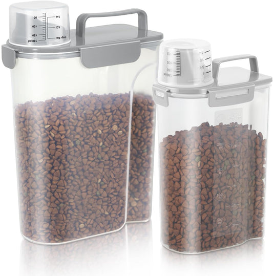 Dog Food Storage Container, Upgraded Large Nozzle BPA-free, 8-12 LBS Plastic Pet Food Storage Containers, With 4 Sealed Clasps, 1 Measuring Cup and Handle, Easy to Clean and Carry -2 Packs