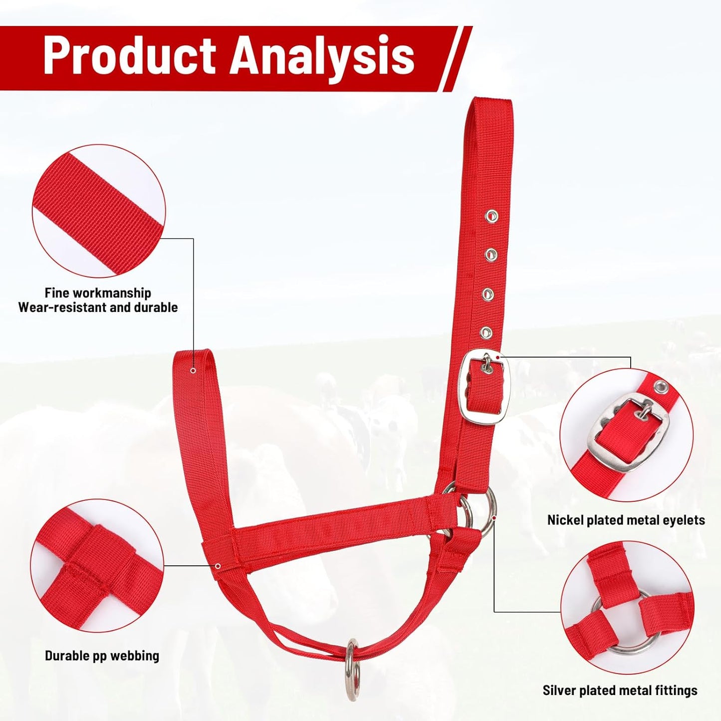 XUANNIAO Easily Adjustable Figure 8 Cow Halter, Double-Ply Premium Livestock Cattle Halters, Colorful Cow Utility Calf Halter with Leading Rope for Miniature Horse Donkey Goat Foal (Small, Red)
