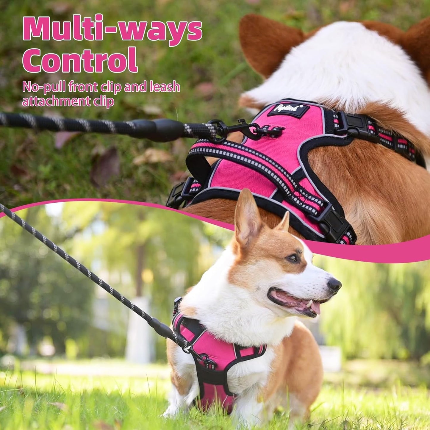 PUPTECK No Pull Dog Harness Small Sized, Adjustable Reflective Dog Harness with Handle Easy Control, Comfortable Soft Padded Pet Vest Harness for Small Dogs, Fuschia S