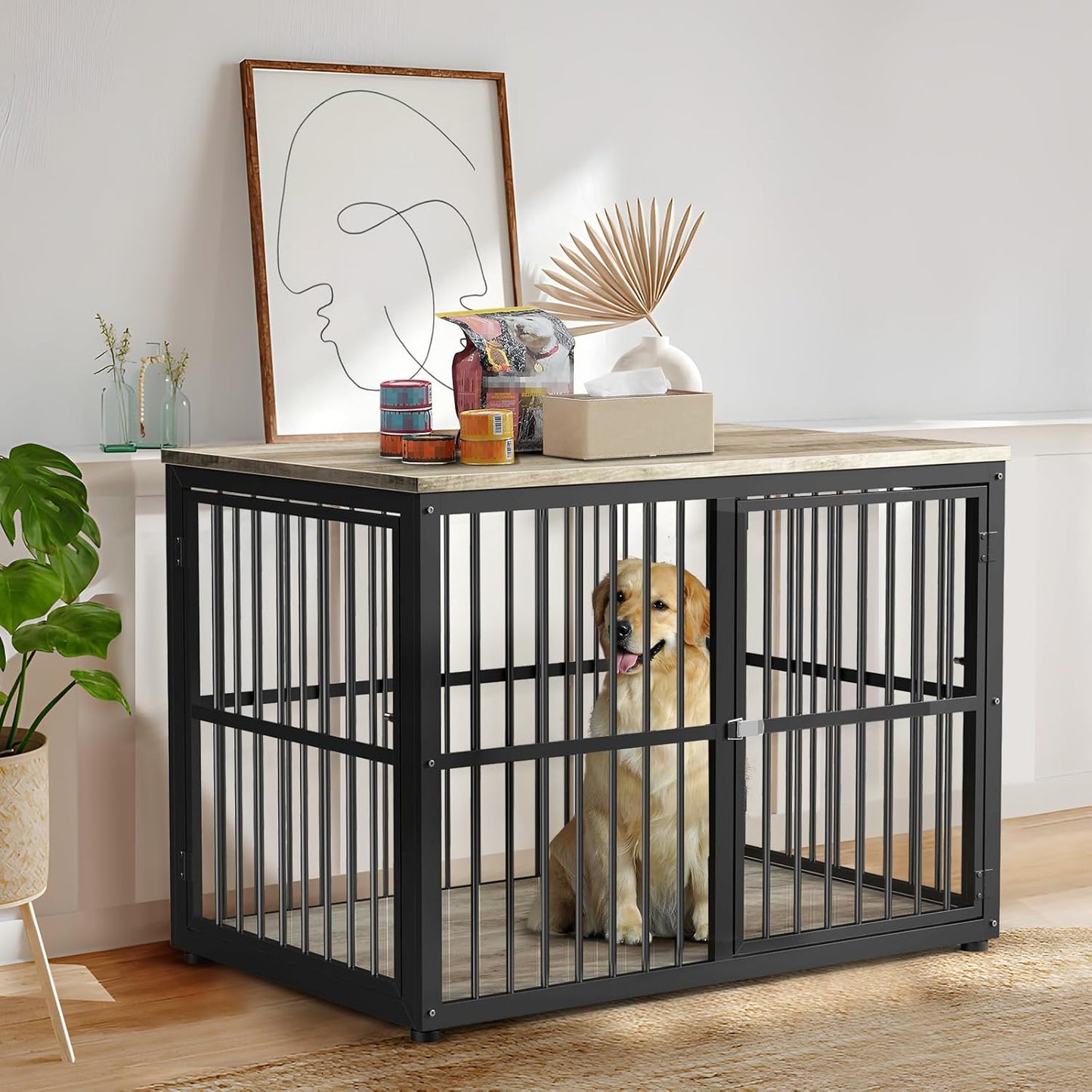 Lyromix 43'' Dog Crate Furniture with 3 Doors, XL Wooden Crate End Table, Heavy Duty Indoor Puppy Cage Kennel for Medium to Large Dogs, Multiple Units Can be Combined