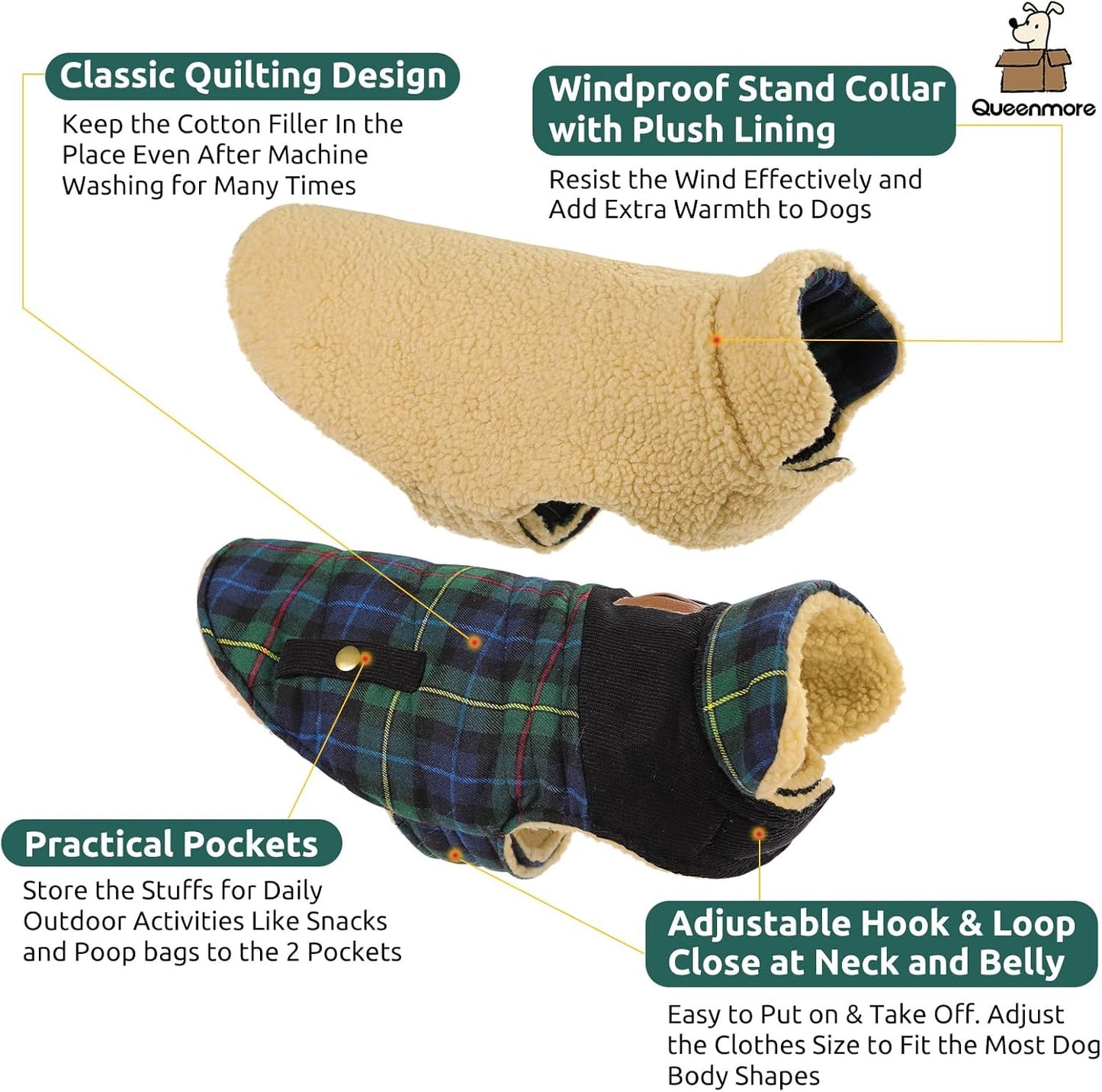 Queenmore Dog Winter Coat Warm Dog Jacket for Cold Weather, Quilting Puffer Plaid Coats for Small/Medium Dogs Waterproof,Girl/Boy Pet Christmas Coat,Pet Snowsuit with Leash Hole/Fleece Padding, S