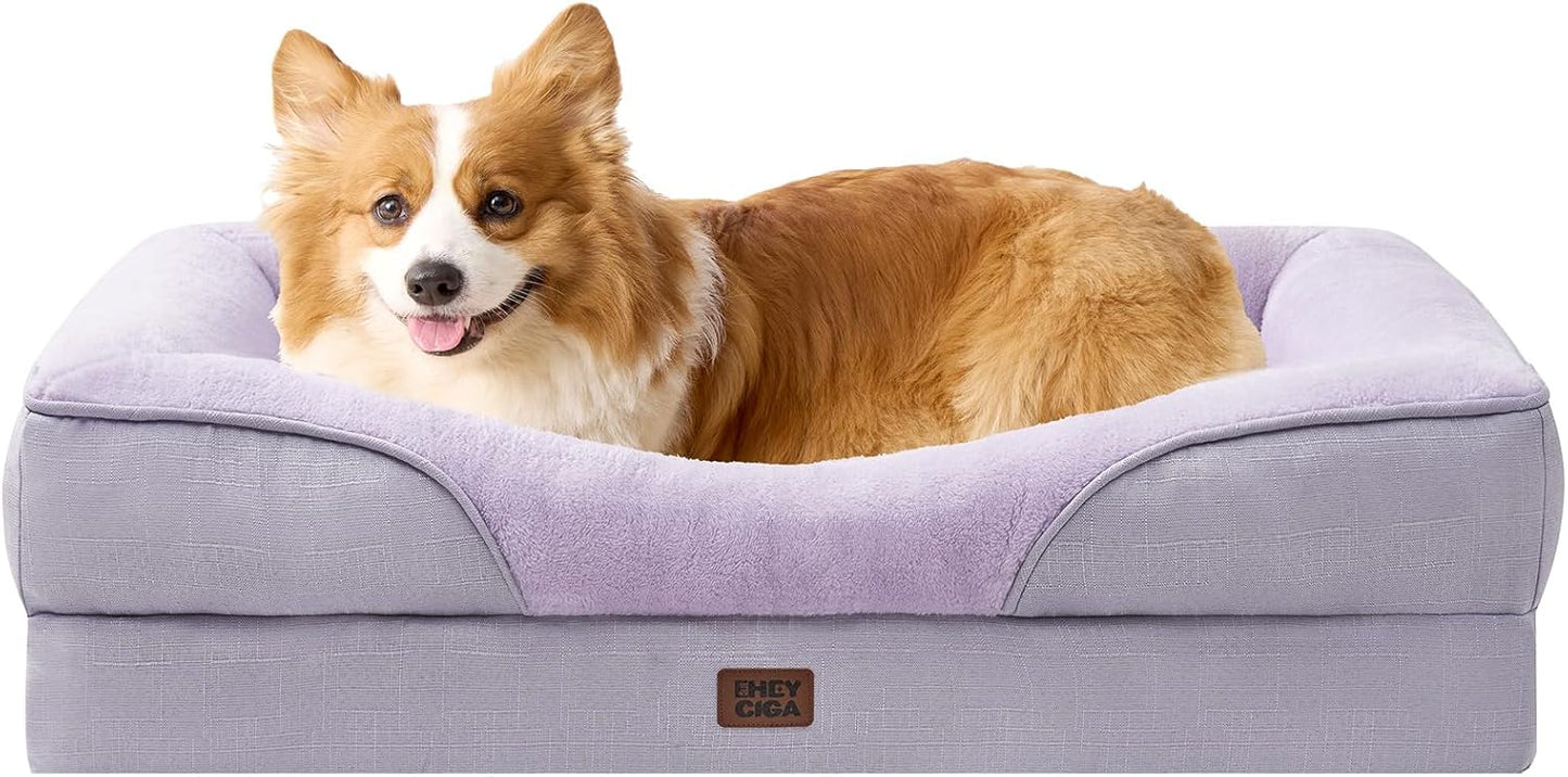 EHEYCIGA Memory Foam Dog Bed for Medium Size, Orthopedic Dog Sofa with Sides and Waterproof Liner, Washable Bolster Pet Couch with Removable Cover, 35x22x6.5 Inch, Purple