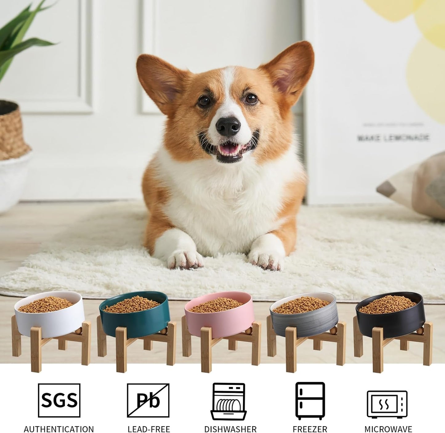 Pink Elevated/Raised 15°Tilted Anti Slip Ceramic Dog Bowl for Medium & Large Breeds,Slanted Bulldog Big Face Pet Food Water Feeding Dish with Stand (7.6 Cups/60OZ)