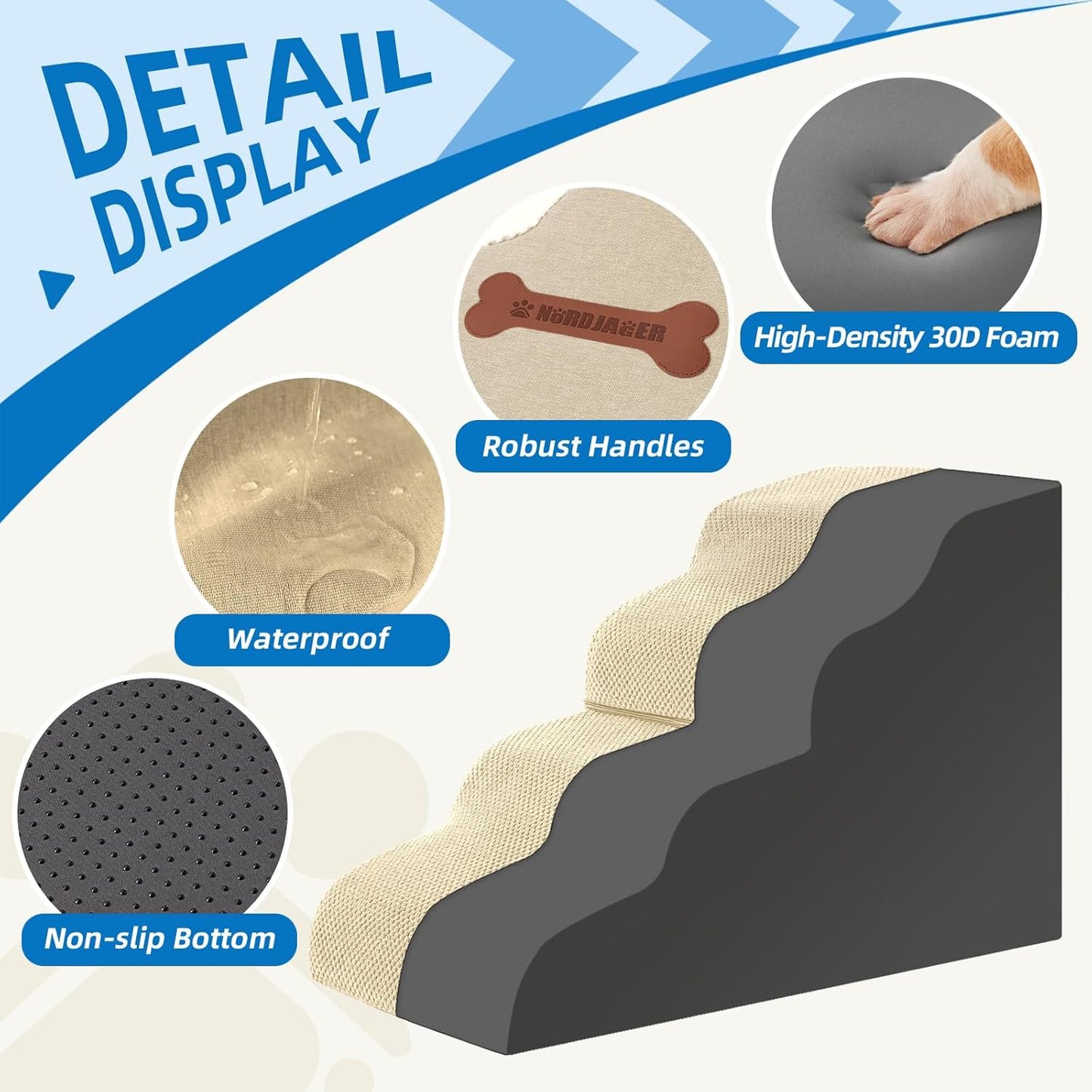 Dog Stairs for Small Dogs and Cats, 2 Steps Pet Stairs to Get on Couch Sofa and Chair, Indoor Non-Slip Balanced Portable Pet Step, High-Density Foam Ramp with Removable Washable Cover, Beige（11.8" H）