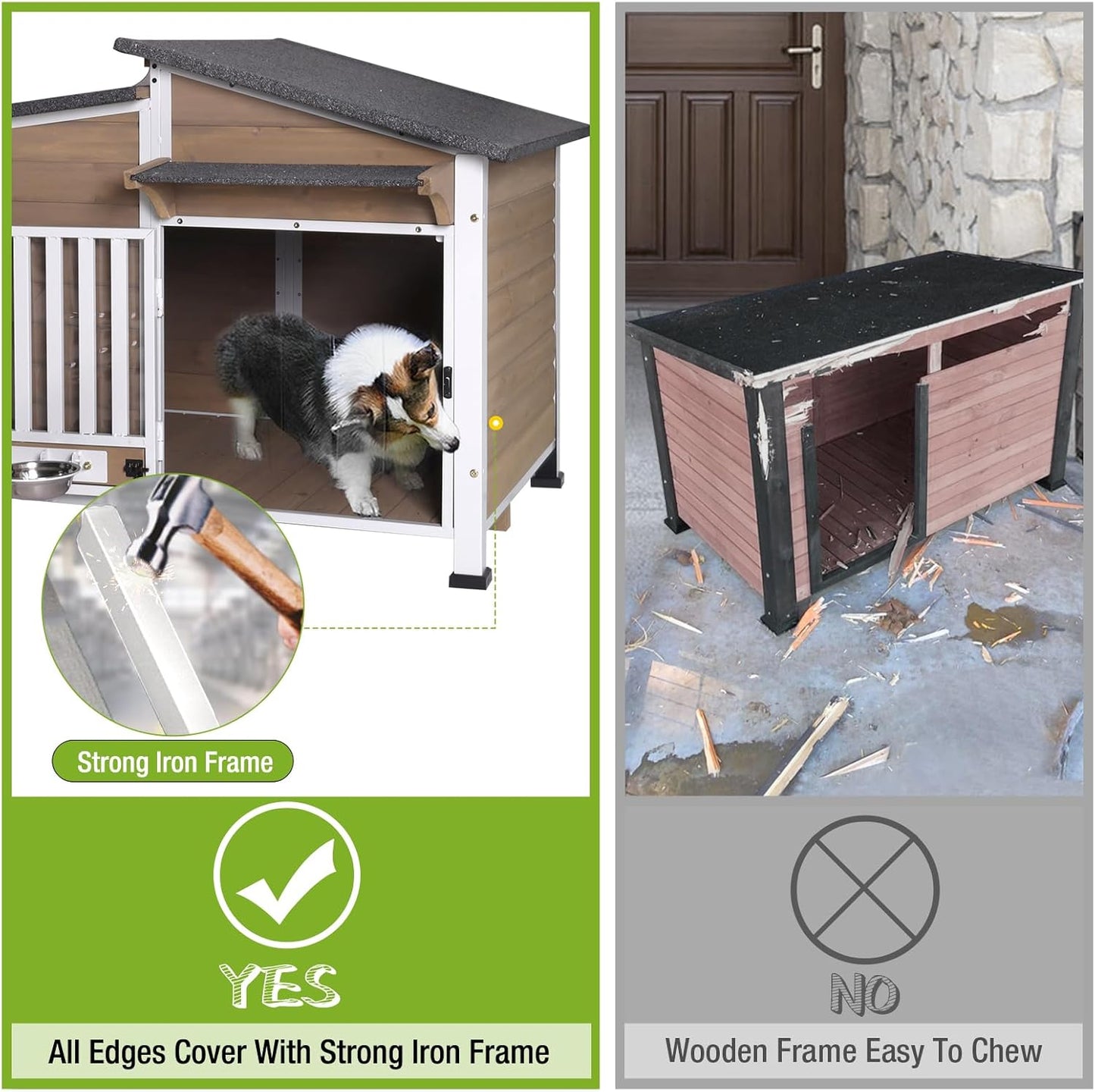 GUTINNEEN Dog House Outdoor Dog Kennel with Chew-Proof Metal Frame, Rotating Food Bowl, PVC Door Curtain, Weatherproof for Small Medium Dogs, 39.7" L x 25.5" D x 32.2" H (Light Brown)