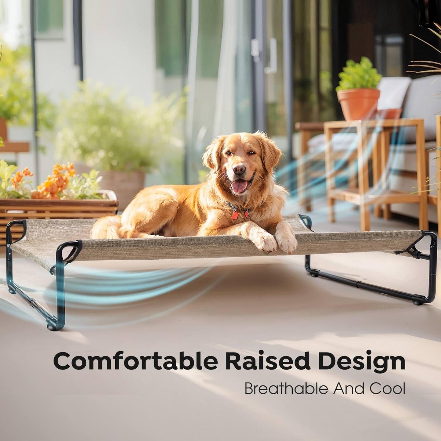 Veehoo Original Outdoor Elevated Dog Bed, Cooling Raised Dog Cot for Large Dogs, Portable Standing Pet Hammock Platform with Washable Breathable Mesh, No-Slip Feet, Large, Beige Coffee, CWC2201