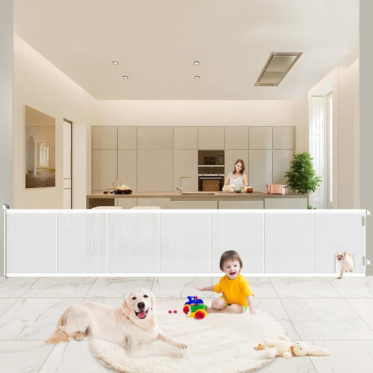 Pawtners Retractable Baby Gates Extra Wide, 41" Tall Extends up to 120" Wide, Dog Gate Indoor with Cat Door for Stairs, Pet Gate with Support Rods for Doorways Hallways Indoor & Outdoor-White