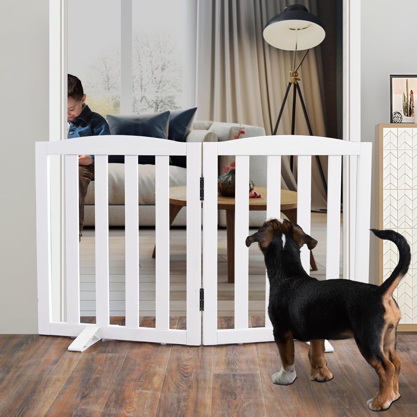 ZJSF Foldable Freestanding Indoor Dog Gate for House Wood White Long Pet Gates Dog Fence for Stairs Puppy Gates for Hallways,Pet Fence, Puppy Gate,Support Feet Included 24 "Height-2 Panels