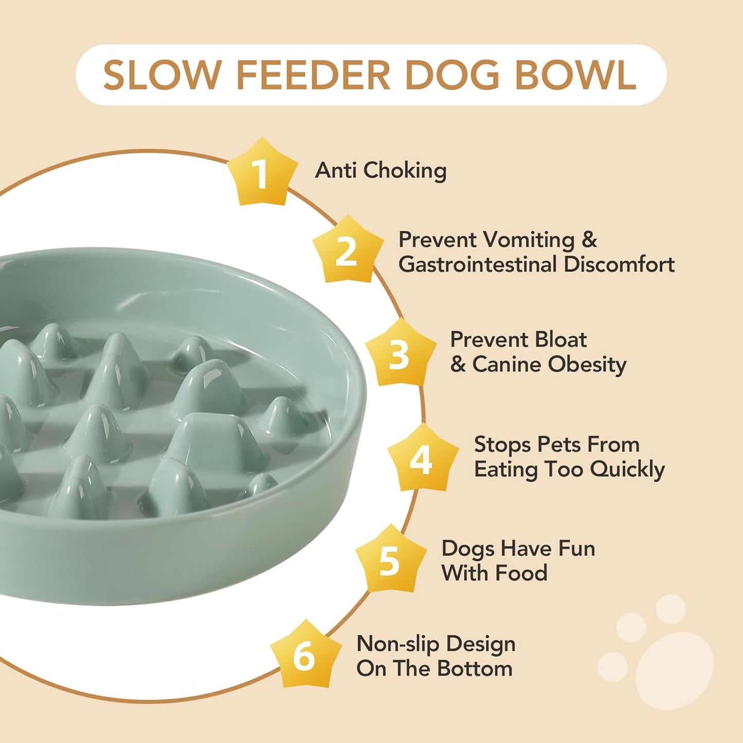 8.2inch Ceramic Dog Raised Slow Feeder Set, Elevated Bowl with Wooden Stand for Large and Medium Dog, Slow Feeder Dish for Fast Easters, Stop Bloat(Light Green, Single Bowl+ Stand)