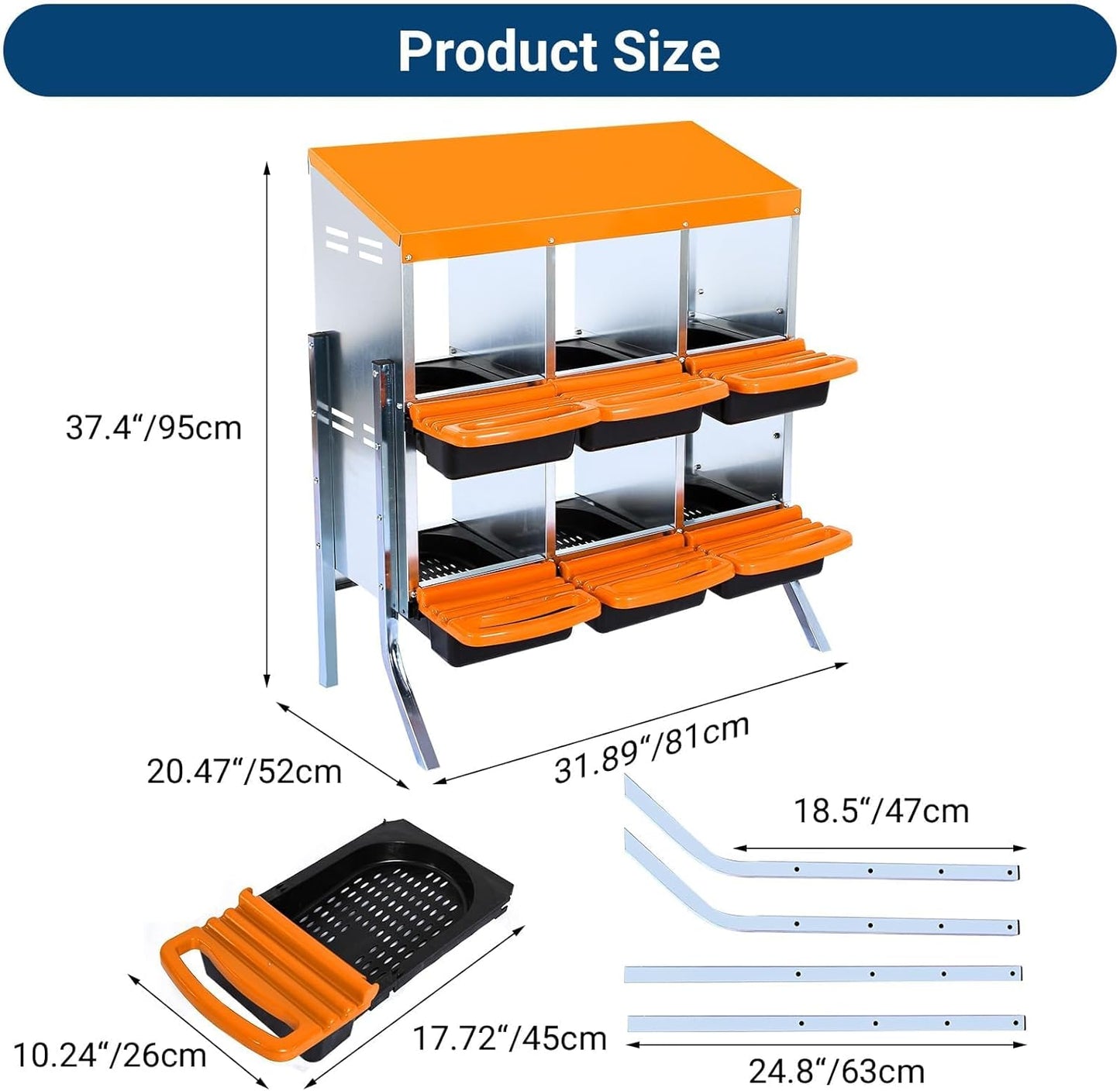 Chicken Nesting Boxes, 6 Hole Metal Chicken Laying Box with with Removable Trays and Roll Out Egg Collection for Chicken Coop, with Metal Bracket, Orange