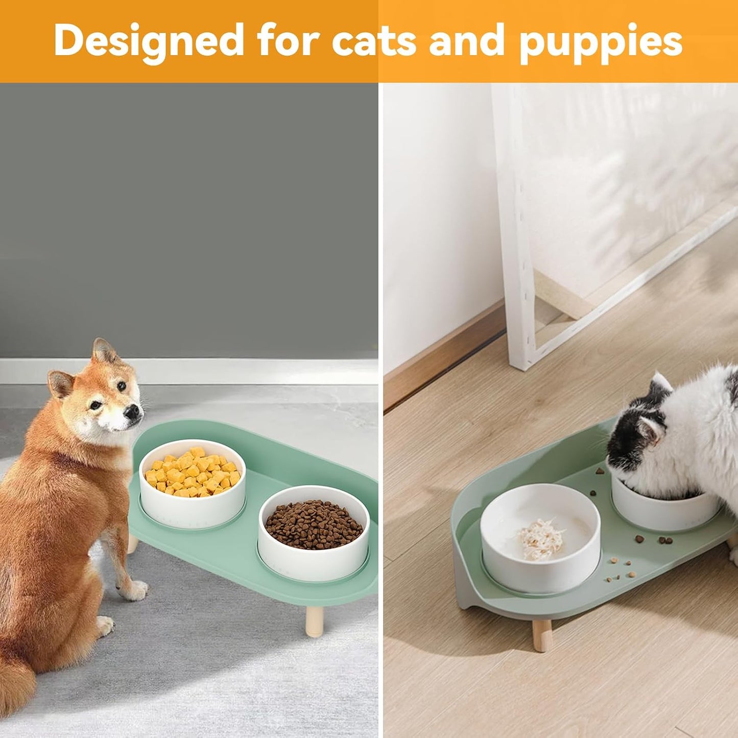 Elevated Dog Bowls Set, Ceramic Pet Food & Water Bowls with Non-Slip Stand, No Spill Design for Cats/Small Medium Dogs Green