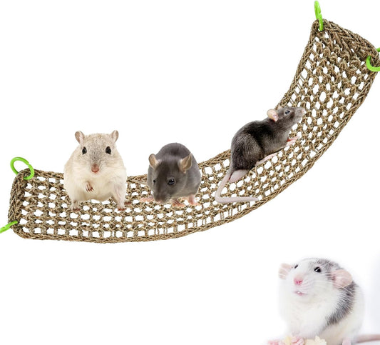 Rat Climbing Toys, 39 x 7 inch Small Animals Seagrass Mat Toy, Cat Climbing Toys, Natural Seagrass Woven Net Hammock with Hooks, Cage Accessories for Hamster Guinea Pig Parrot Parakeets Cockatiels