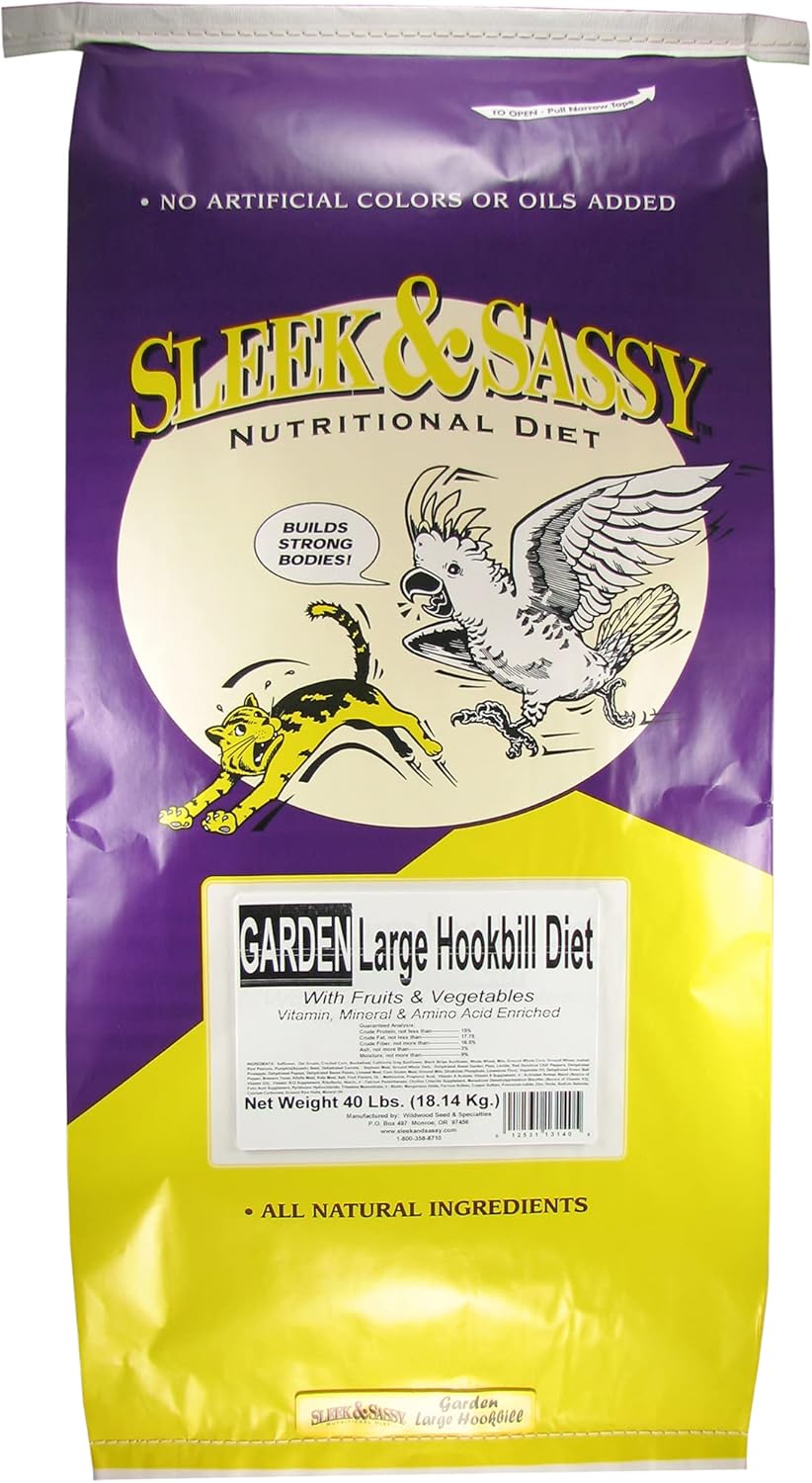 SLEEK & SASSY Garden Large Hookbill Parrot Food for Large Conures, Amazons, African Greys, Cockatoos, Pionus-Parrots & Small Macaws (40 lbs.)