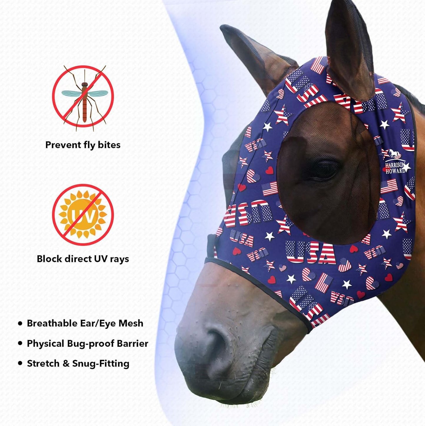 Harrison Howard Super Comfort Stretchy Fly Mask Large Eye Space with UV Protection Soft on Skin with Breathability Classic Letters Full Size