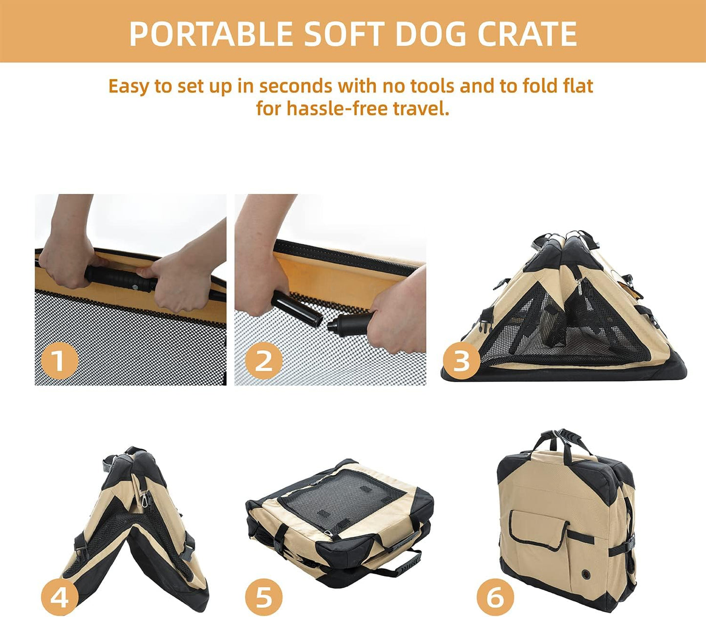 Pettycare 26 Inch Collapsible Foldable Soft Dog Kennel with Chew Proof Mesh Windows, Indoor & Outdoor Travel Dog Crate, Soft Side Dog Crate, Beige