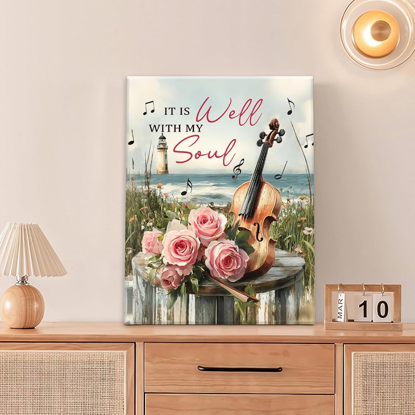 Violin Pictures Wall Art, Music Rustic Country Inspirational Bathroom Wall Decor, Coastal lighthouse Framed Painting Rose Aesthetics Canvas Artwork for Bedroom Living Room Decorations 20"L x 16"W