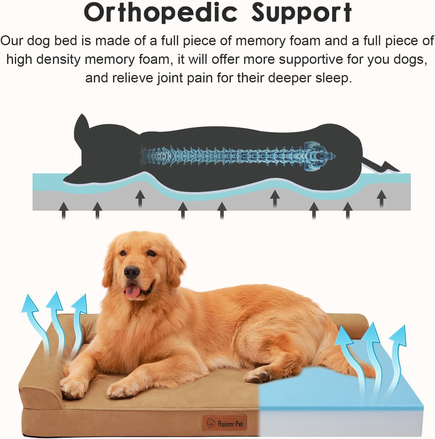 Upgraded Large Dog Bed, 3" Memory Foam with Waterproof Liner, Chew Resistant Microsuede Cover, Removable and Washable, for Indoor, Outdoor, and Car Use, Nonskid Base, 44x32 Inches XXL Khaki