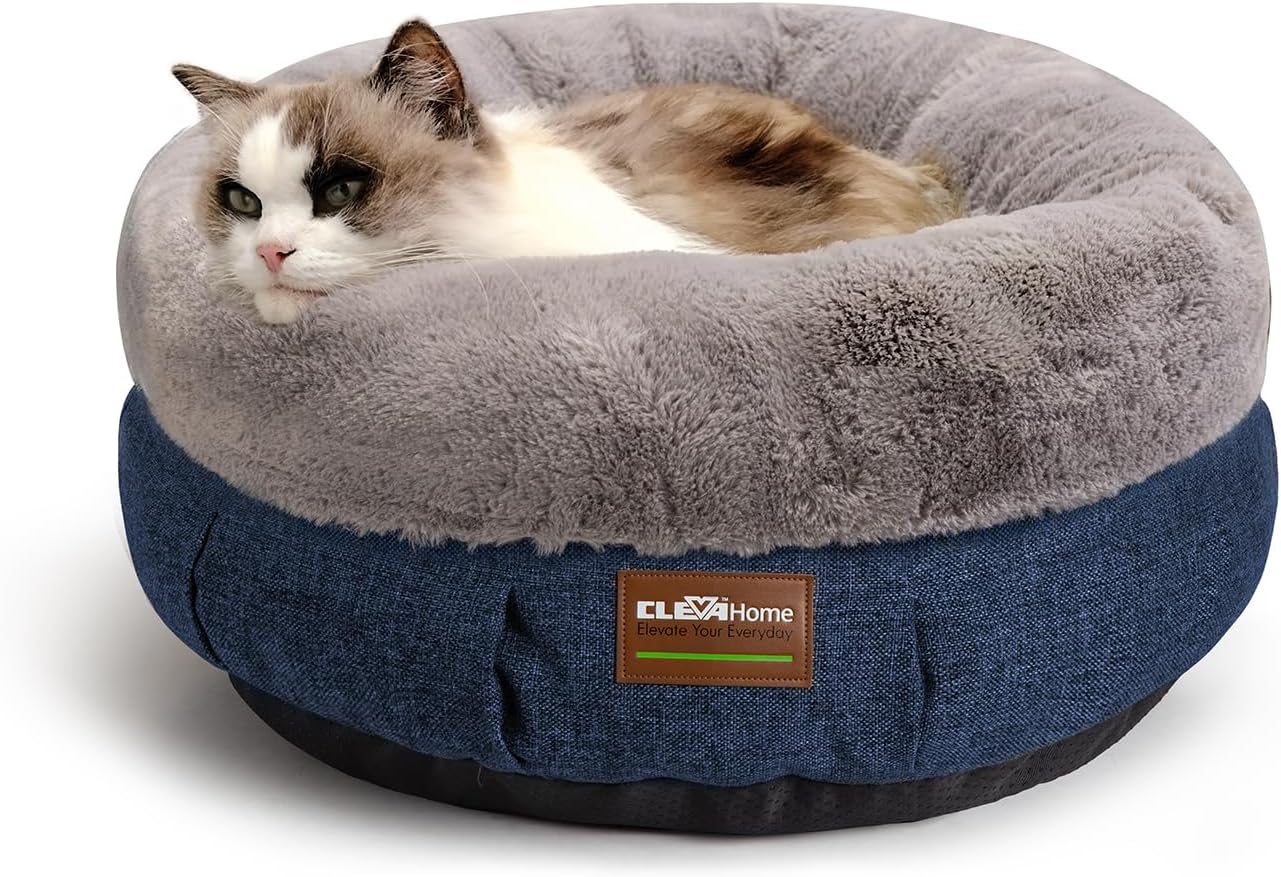 ClevaHome Cozy Cat Bed - Ultra-Soft Plush Pet Bed with Raised Sides and Anti-Slip Base, Comfortable Round Bed for Small Pets up to 11 lbs