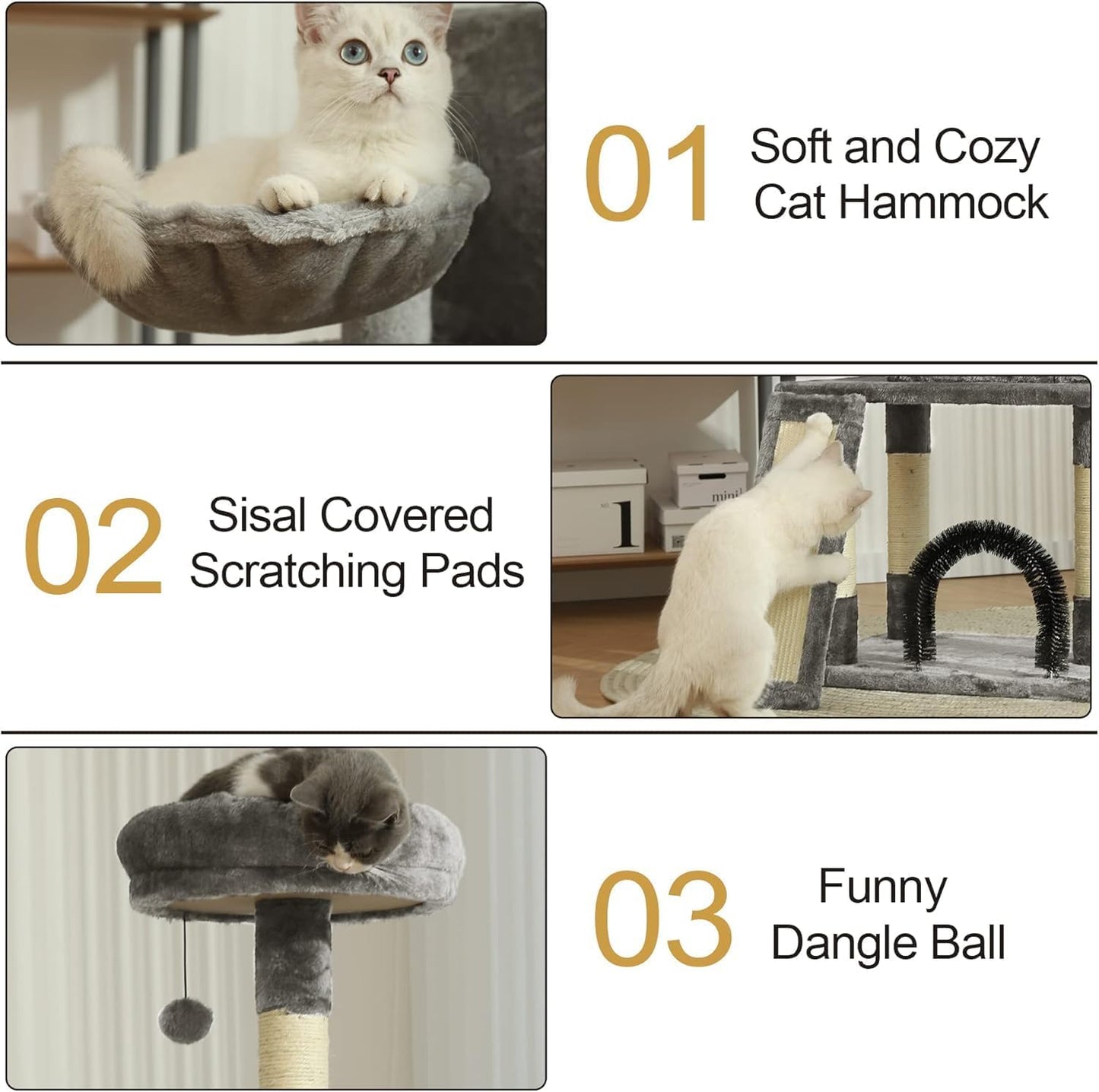 HOOPET 44IN Cat Tree for Indoor Cats - Multi-Level Cat Tower with Hammock, Condo, Scratching Posts, Self-Grooming Brush & Play Ball - Space-Saving Cat Furniture for Small Apartments