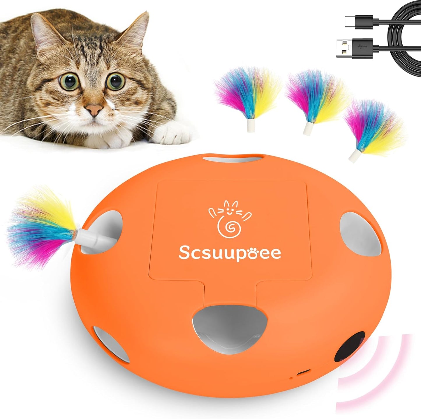 Interactive Cat Toy, Electric Cat Toys for Moving Concealed Feathers, Smart Sensor 7 Holes Whack a Mole Feather Toy, USB Charge Automatic Kitten Toys,Orange
