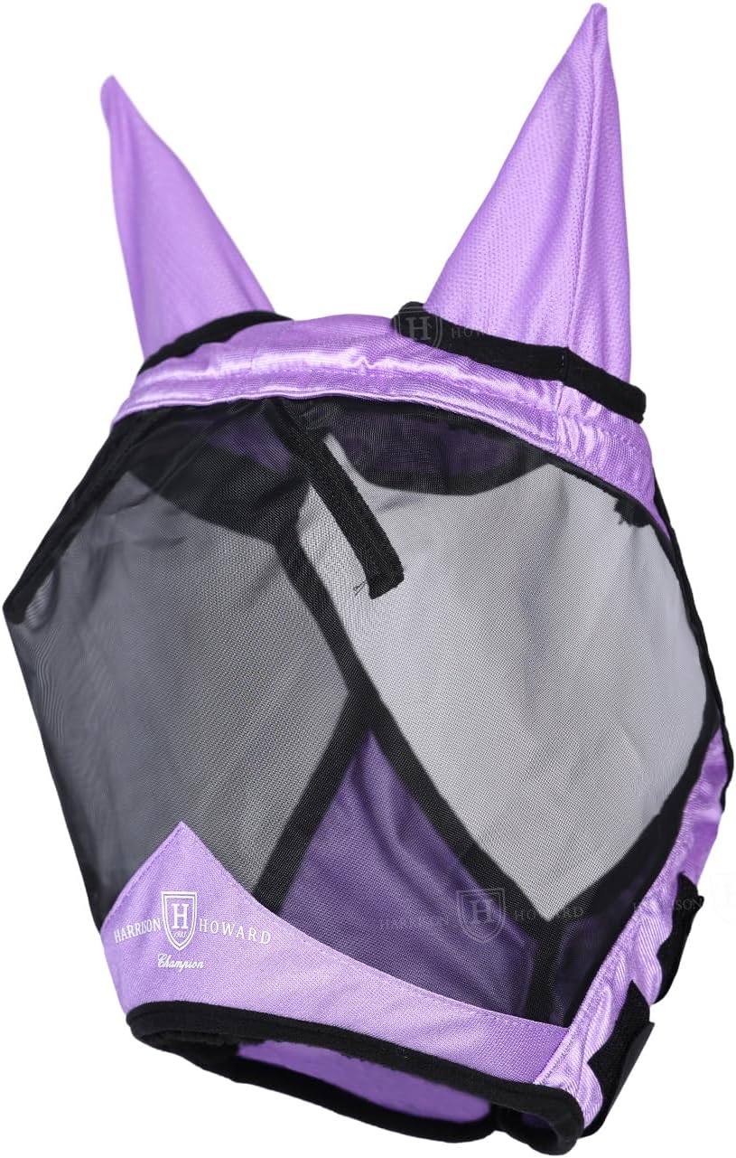 Harrison Howard Pro Luminous Horse Half Face Fly Mask Large Eye Space with Ears UV Protection for Horse Gentle Lavendar XL