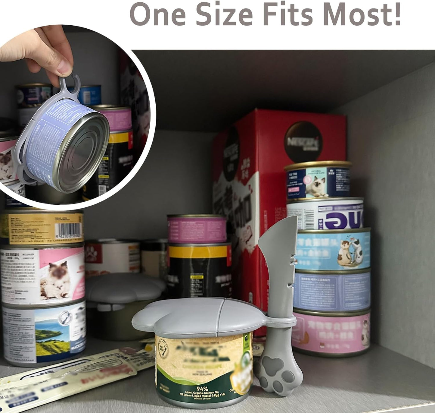 3 Pcs Cat Food Can Covers & One Can Opener | Cute Paw Shape Can Covers and Opener Spatula Cat Wet Food Spoon | Universal BPA Free Silicone Can Food Spoon & Covers for Dog Cat Cans(Grey)