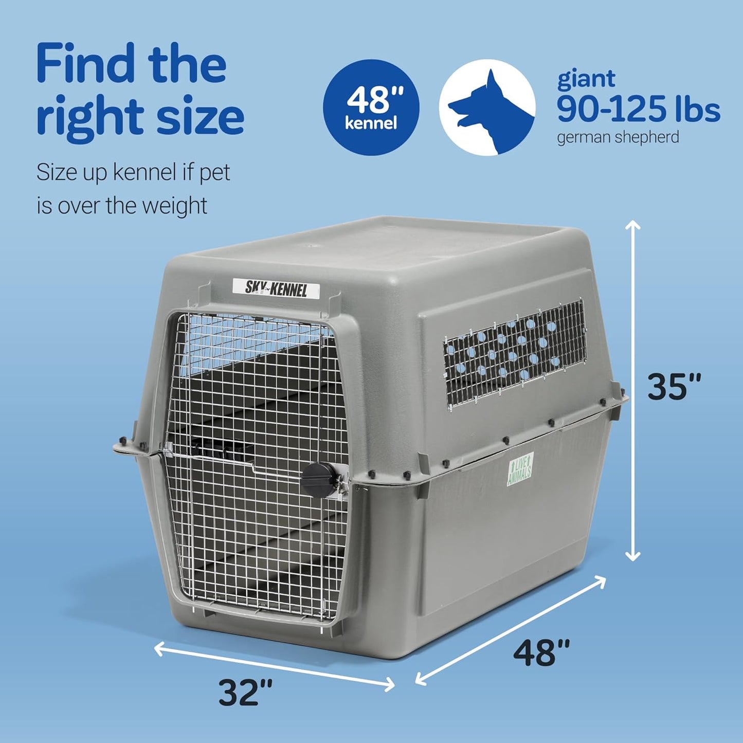 Petmate Sky Kennel - For Air and Travel, Airline Approved Dog Crate for Pets 90-125 lbs, Heavy Duty Dog Kennel, Made in the USA- 48 Inches