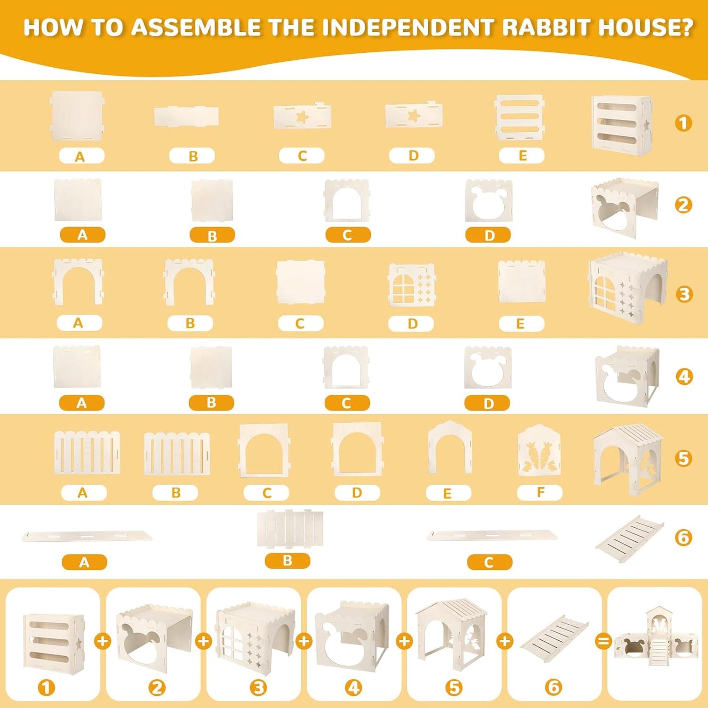 Large Rabbit Hideout Bunny Castle, Wooden Bunny House & Hay Feeder, Detachable Rabbit Hideaway, Indoor Rabbit Castle with Ramp, Small Animal Houses & Habitats