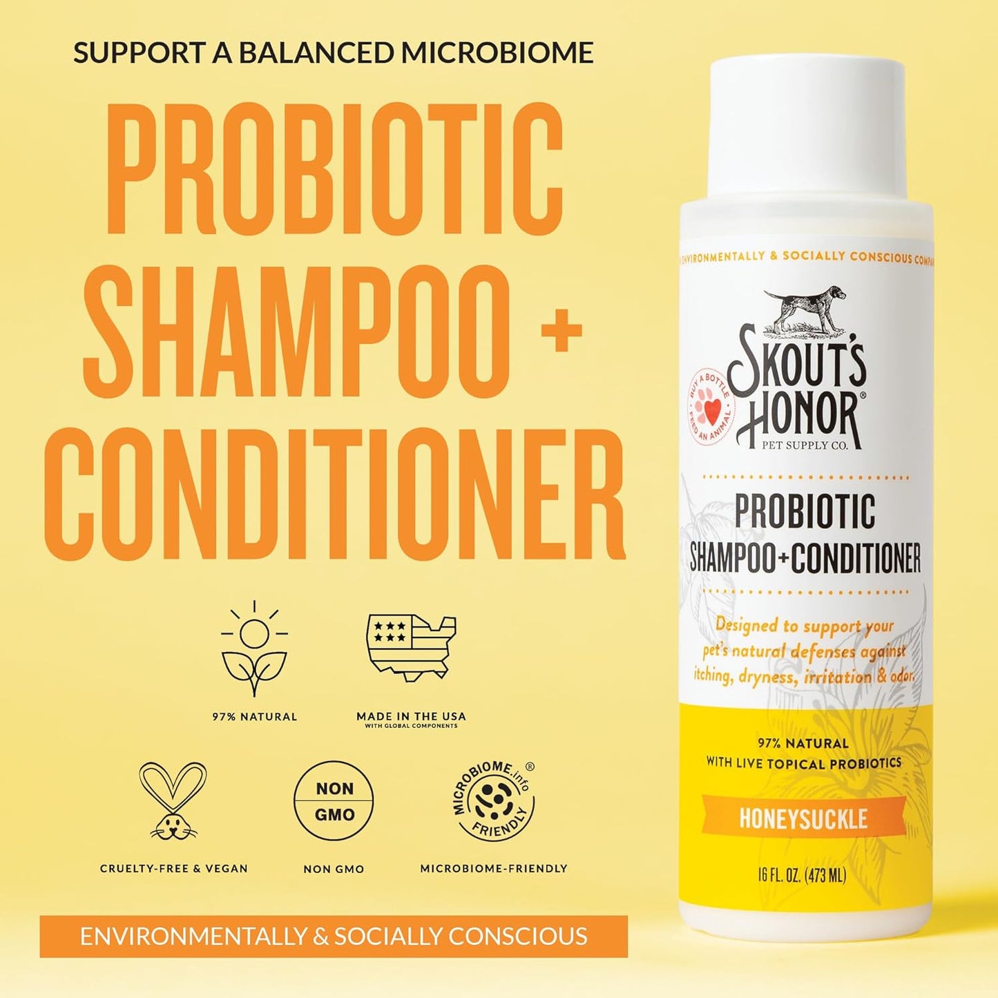 Skout's Honor Probiotic Dog Shampoo & Conditioner with Avocado Oil & Omega-3s, 97% Natural, Paraben & Sulfate-Free, Cruelty-Free, 16oz, Honeysuckle 2-Pack