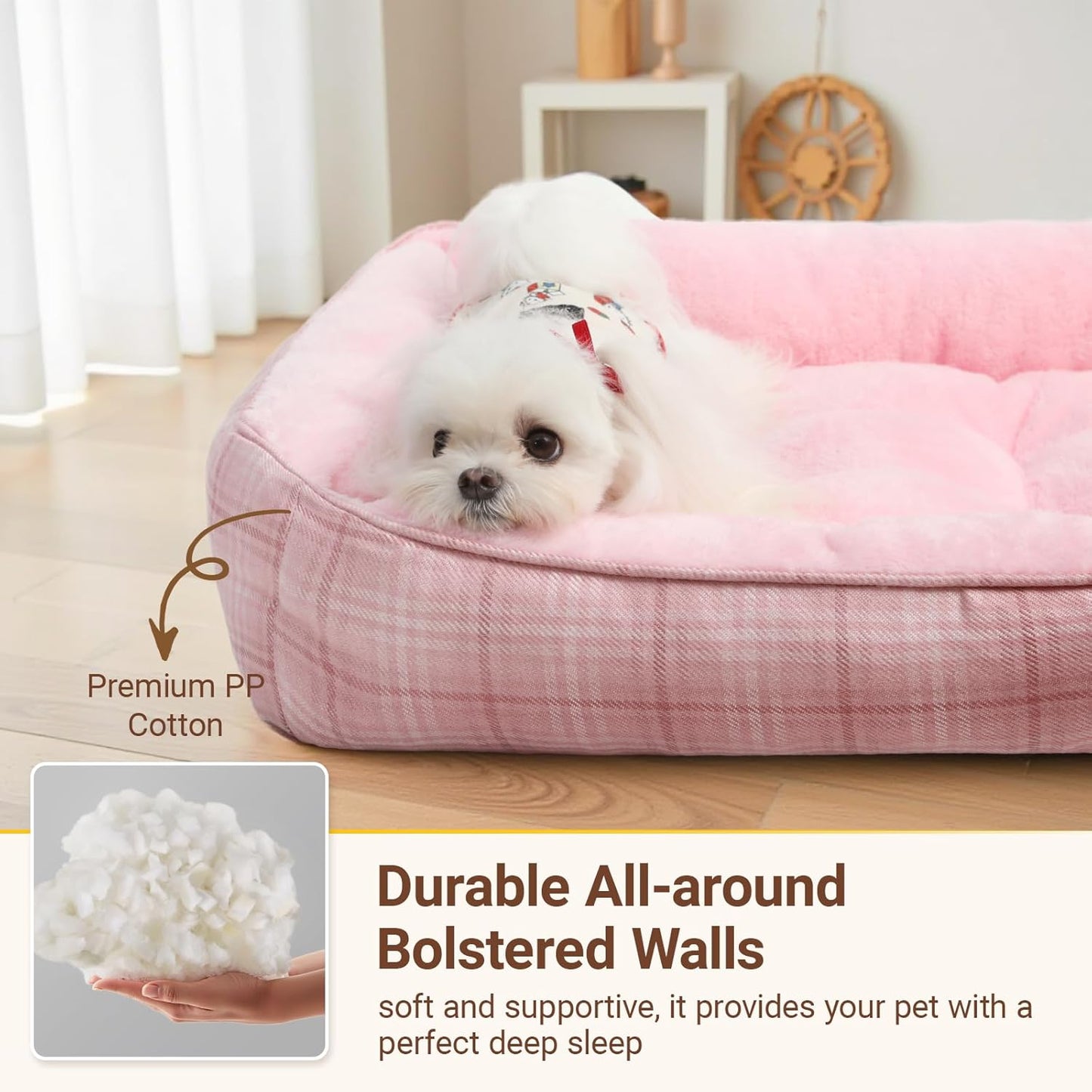 MIHIKK Rectangle Dog Beds for Small Medium Dogs & Cats, Orthopedic Sleeping Pet Bed for Couch with Durable Puppy Cuddler and Anti-Slip Bottom Machine Washable 25 * 21 Inch (Pink)