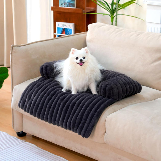 FUNNY FUZZY Pet Couch Cover for Sofa, Calming Dog Bed for Couch, Fluffy Plush Cat Bed Mat for Furniture Protector for Small Dogs and Kitten, 27×24 in, Dark Grey