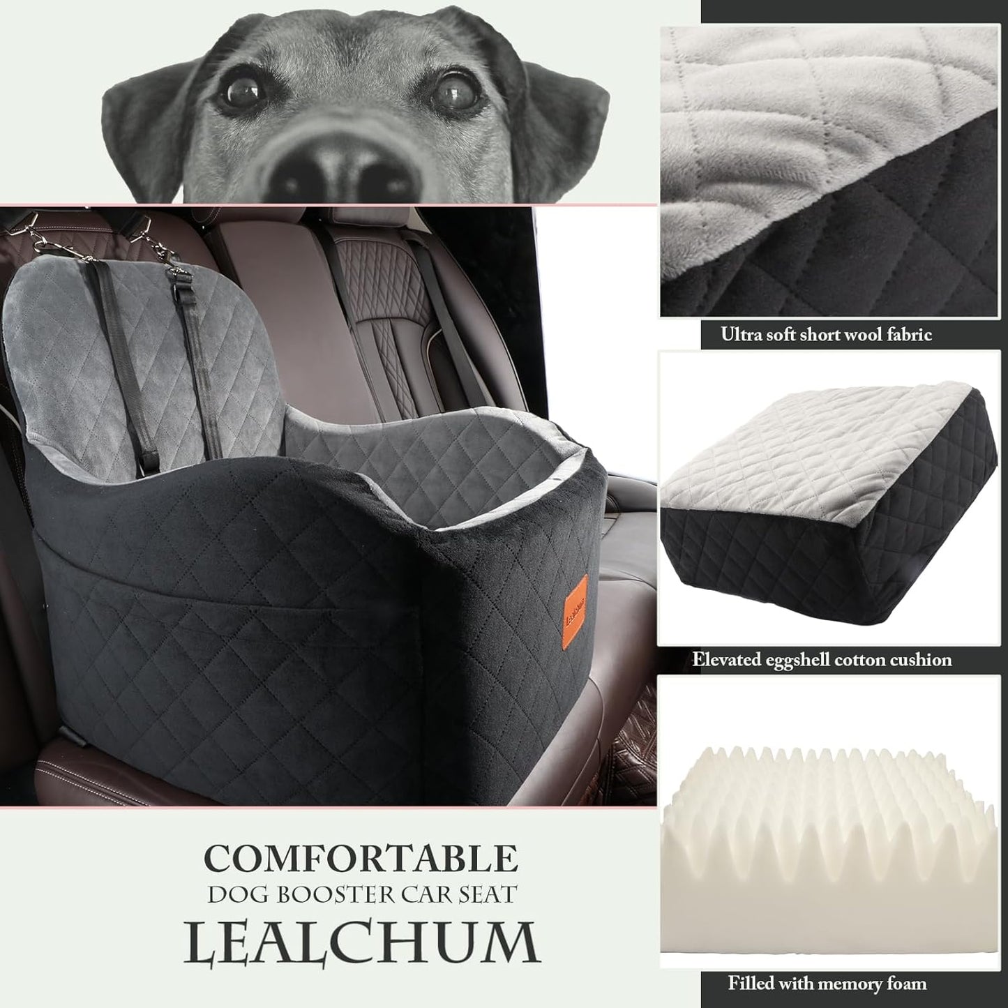 Dog Booster Car Seat for Small/Medium Dogs,6in Memory Foam Elevated Cushion,Fully Detachable and Washable,2 Clip-On Safety Leashes,Anti-Slip Base(Black/Grey,Medium)