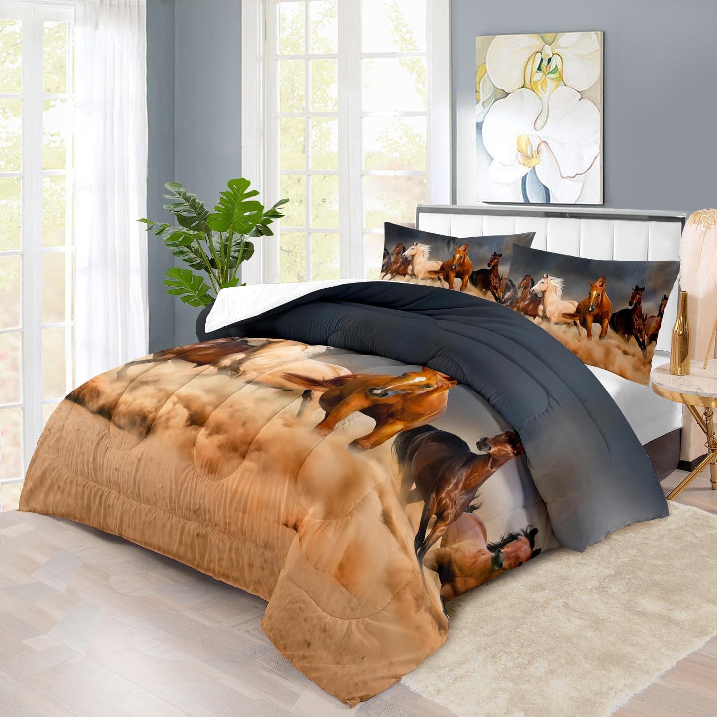 Western Horse Comforter Set King for Boys,Brown Western Cowboy Bedding Sets King Size, Farm Style Animal Horse Quilt for Boys, Southwestern Farmhouse Home Cowgirl Comforter Bedroom Decor