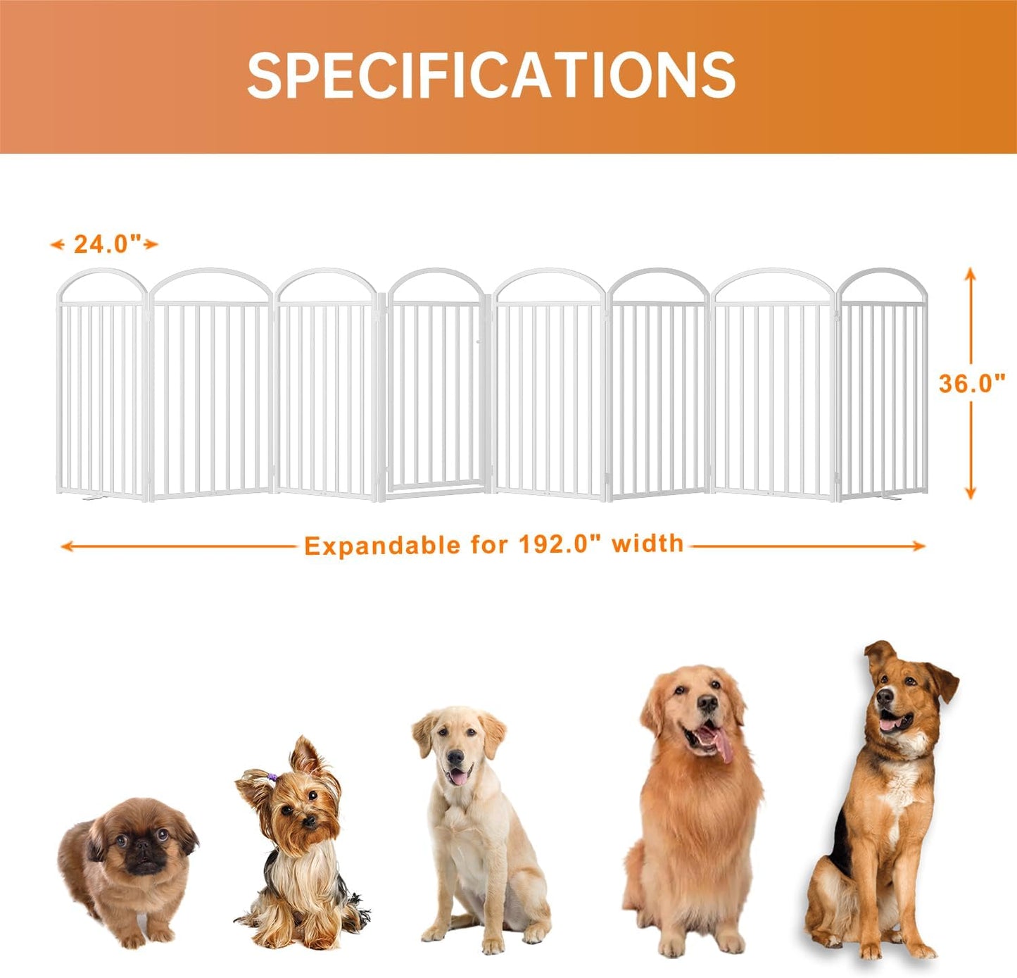 8 Panles Full Matel Freestanding Dog Gates with Door, 192"Extra Wide 36"Tall Free Standing Dog Pet Gate for Indoor & Outdoor. Foldable Pet Fences for Doorways, House, Stairs, Porch, Deck, Yard