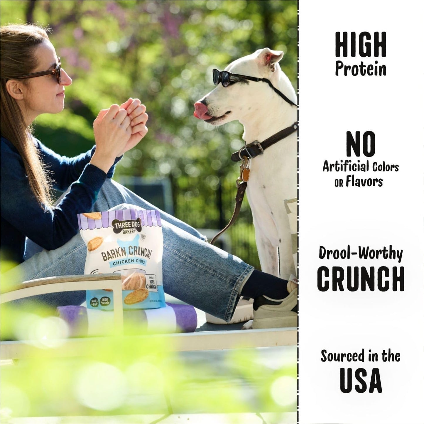 Three Dog Bakery Bark’N Crunch! Chicken Chips, Cheese Flavor, Crunchy Treat for Dogs, Two Ingredients, High Protein Snacks, No Artificial Flavors or Colors, Made in The USA, 4 oz