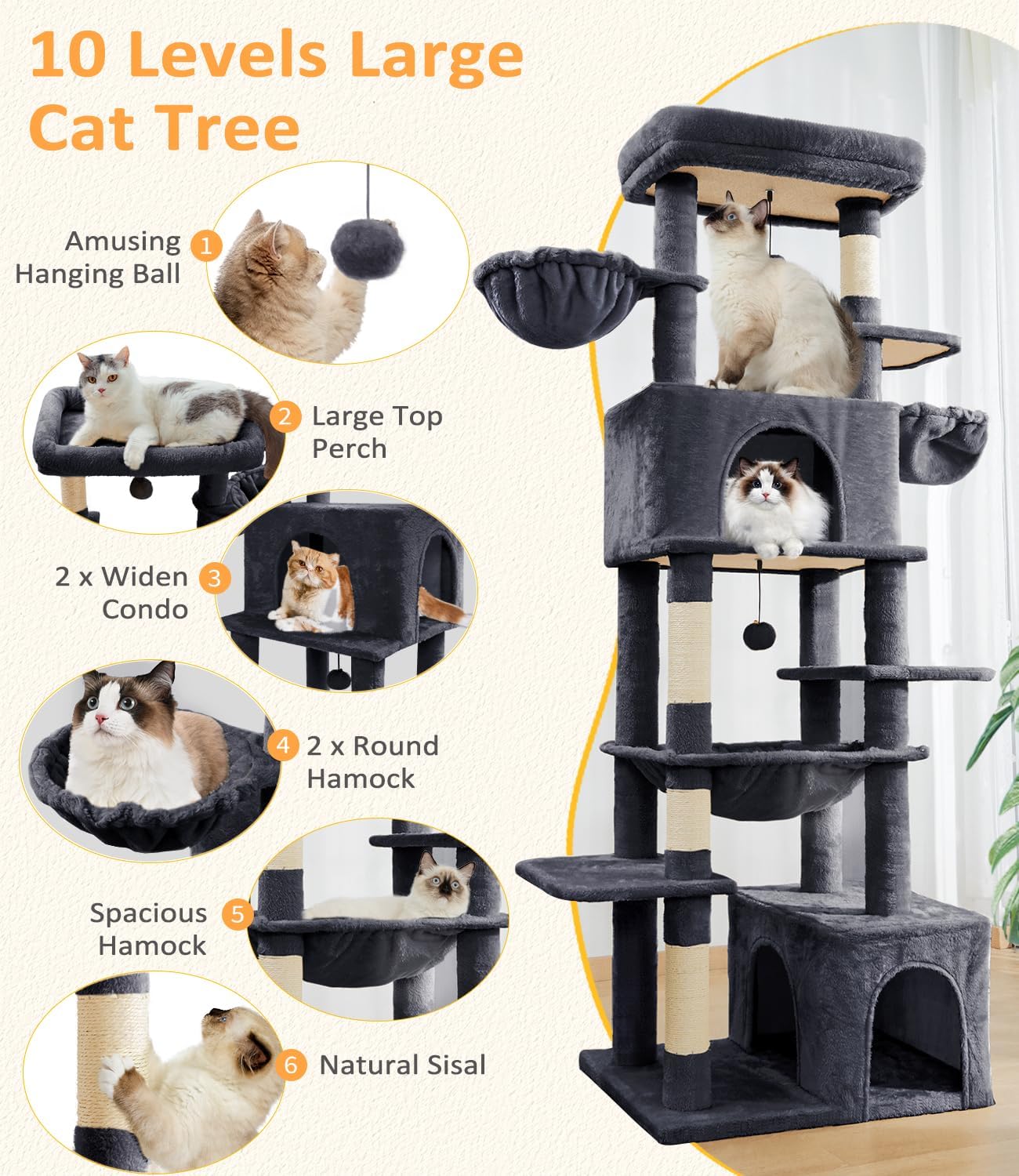 Cat Tree Large Cat Tower Tree 68" Multi-Level Cat Tower for Indoor Cats with Sisal Scratching Posts, Widen Cat Perche, Square Hammock, 2 Widen Condos, Scratching Posts, Grey