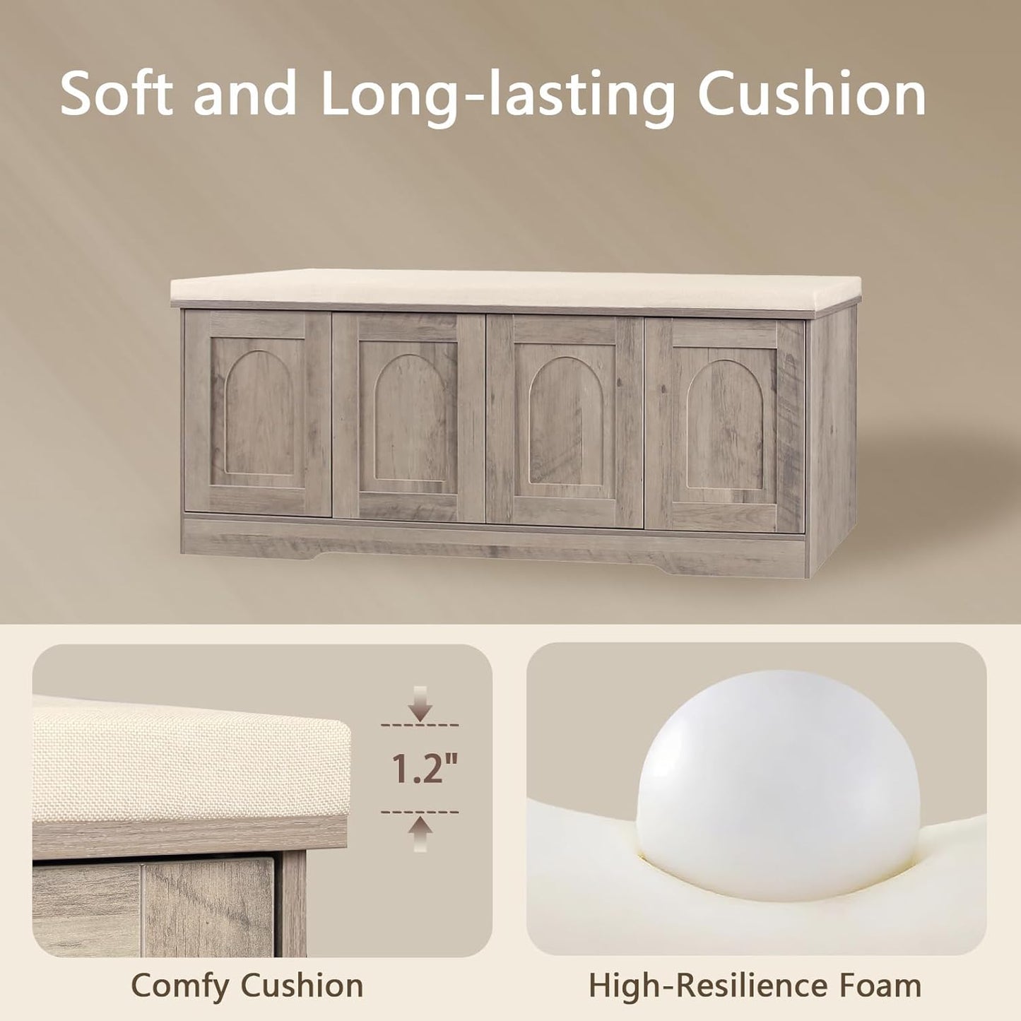 DINZI LVJ Shoe Bench, Entryway Storage Bench with Doors, Cushion, 2-Tier Shoe Rack with 8-Cubby, 47.2”L x 13.8”W Shoe Organizer Cabinet, Adjustable Shelf, Living Room, Bedroom, Greige